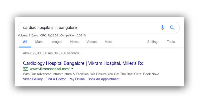 google search ad for hospitals